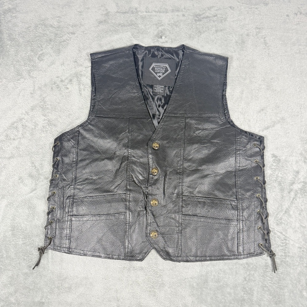 Diamond Plate Mens L Buffalo Leather Biker Vest Live To Ride Eagle Patch Black